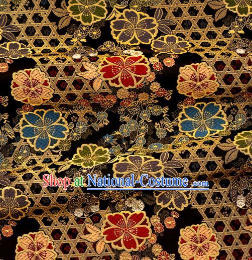 Asian Traditional Classical Sakura Pattern Nishijin Black Brocade Fabric Japanese Kimono Satin Silk Material