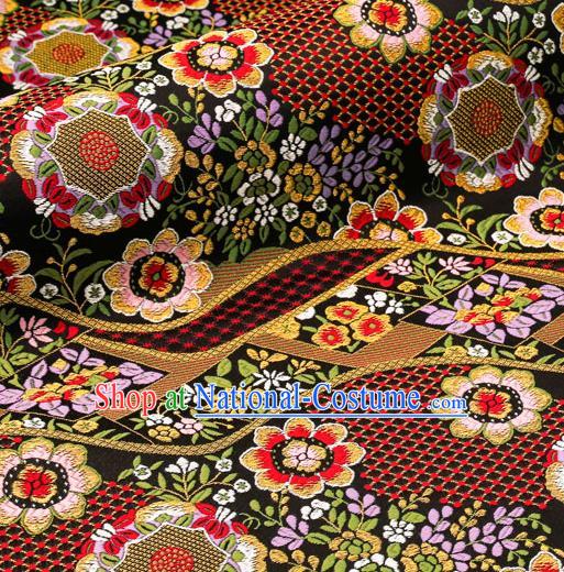 Asian Traditional Classical Flowers Pattern Nishijin Black Brocade Fabric Japanese Kimono Satin Silk Material