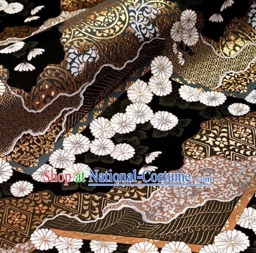 Asian Traditional Classical Daisy Pattern Nishijin Black Brocade Fabric Japanese Kimono Satin Silk Material