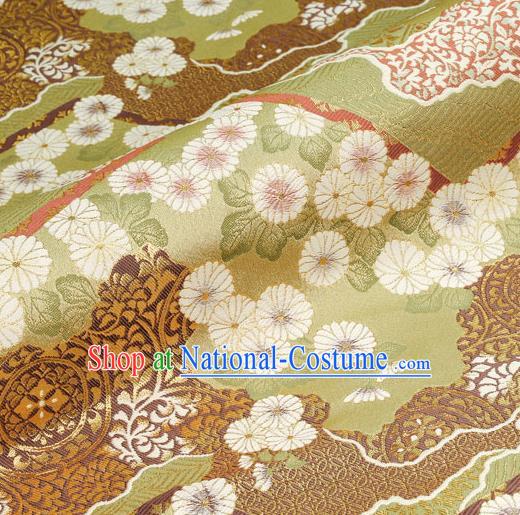 Asian Traditional Classical Daisy Pattern Nishijin Green Brocade Fabric Japanese Kimono Satin Silk Material