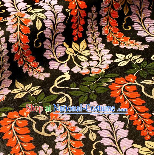 Asian Traditional Classical Wisteria Pattern Nishijin Black Brocade Fabric Japanese Kimono Satin Silk Material