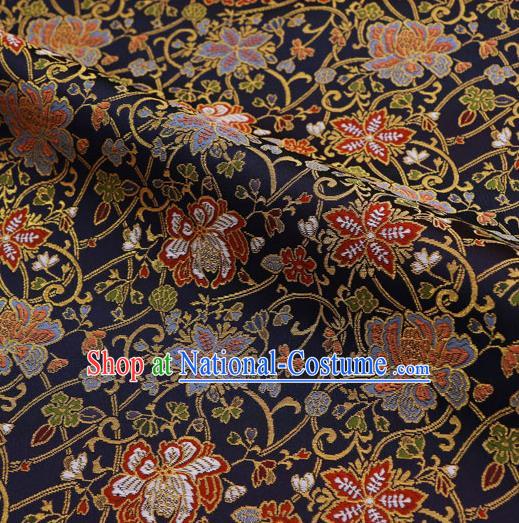 Asian Traditional Classical Flowers Pattern Nishijin Navy Brocade Fabric Japanese Kimono Satin Silk Material