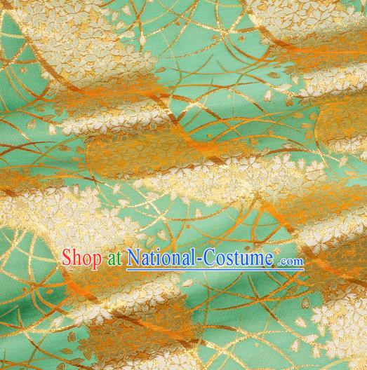 Asian Traditional Classical Sakura Pattern Green Tapestry Satin Nishijin Brocade Fabric Japanese Kimono Silk Material