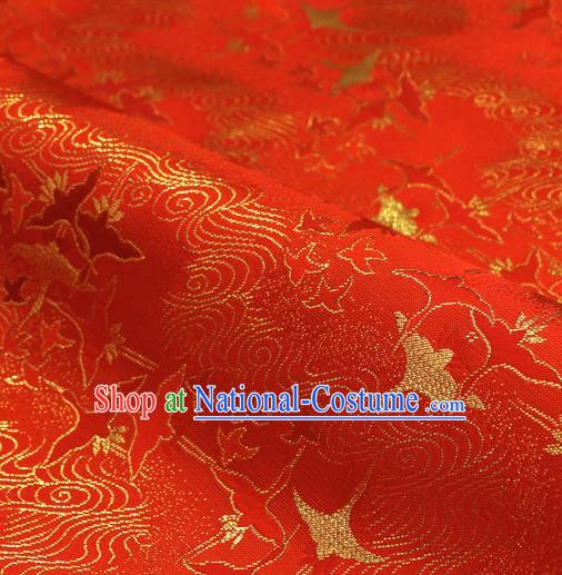 Asian Traditional Classical Crane Pattern Red Tapestry Satin Nishijin Brocade Fabric Japanese Kimono Silk Material