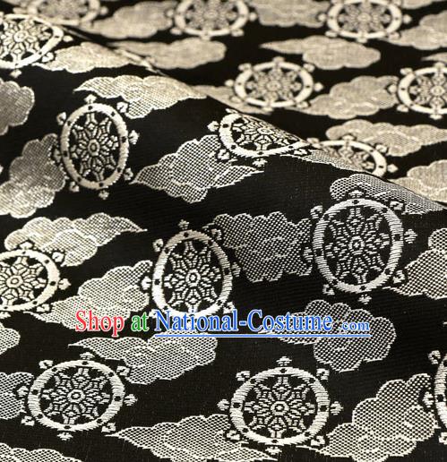 Asian Traditional Classical Wheel Pattern Black Tapestry Satin Nishijin Brocade Fabric Japanese Kimono Silk Material