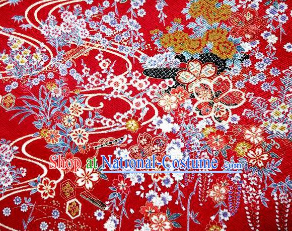 Asian Traditional Classical Orchid Pattern Red Tapestry Satin Nishijin Brocade Fabric Japanese Kimono Silk Material