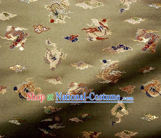 Asian Traditional Classical Dragons Pattern Olive Green Tapestry Satin Nishijin Brocade Fabric Japanese Kimono Silk Material