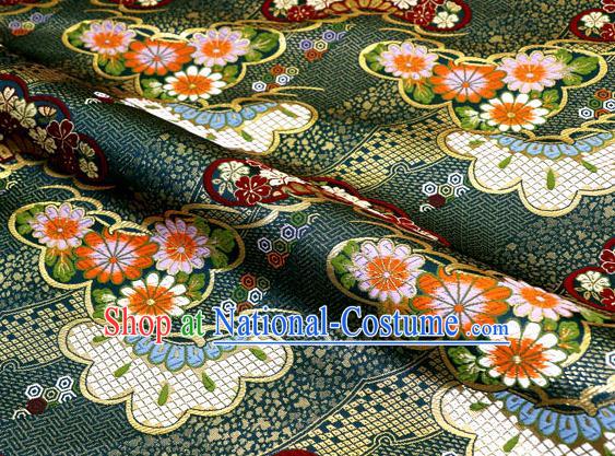 Asian Traditional Classical Daisy Pattern Deep Green Tapestry Satin Nishijin Brocade Fabric Japanese Kimono Silk Material