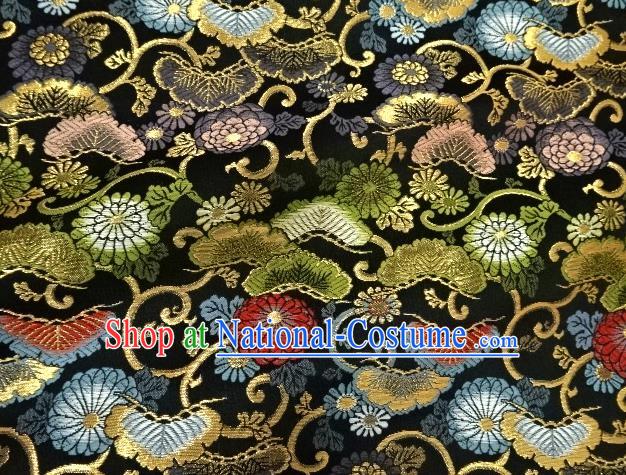 Asian Traditional Classical Chrysanthemum Pattern Black Tapestry Satin Nishijin Brocade Fabric Japanese Kimono Silk Material