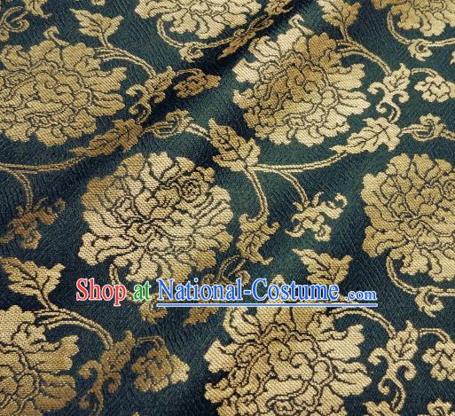 Asian Traditional Classical Peony Pattern Blue Tapestry Satin Nishijin Brocade Fabric Japanese Kimono Silk Material