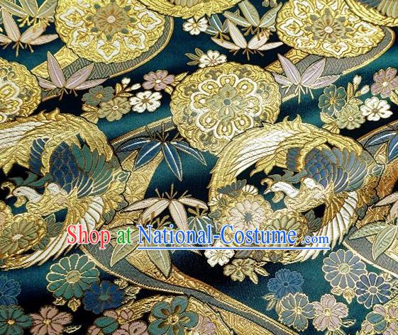 Asian Traditional Classical Bamboo Phoenix Pattern Blue Tapestry Satin Nishijin Brocade Fabric Japanese Kimono Silk Material