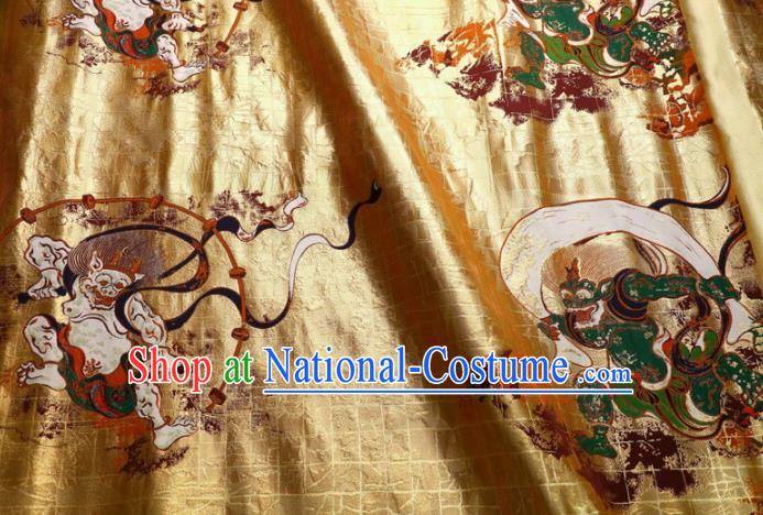 Asian Traditional Classical Thunder God Pattern Golden Brocade Fabric Japanese Kimono Satin Silk Material