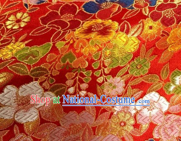 Asian Traditional Classical Flowers Pattern Nishijin Red Brocade Fabric Japanese Kimono Satin Silk Material