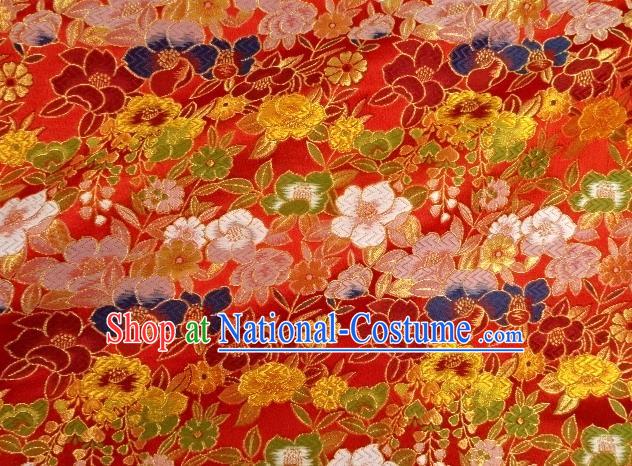 Asian Traditional Classical Flowers Pattern Nishijin Red Brocade Fabric Japanese Kimono Satin Silk Material