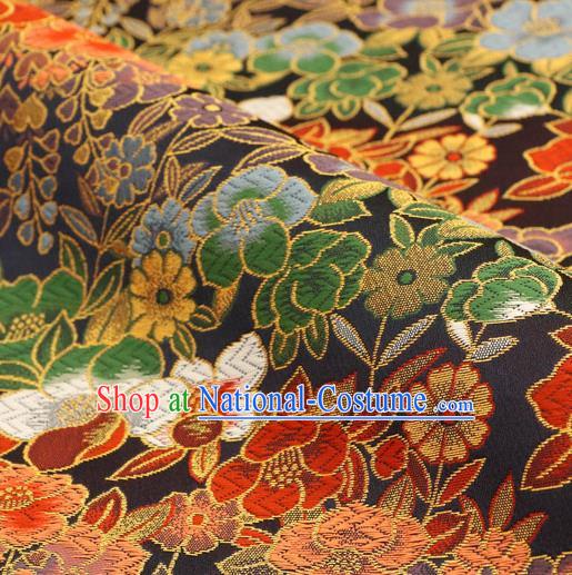 Asian Traditional Classical Flowers Pattern Nishijin Black Brocade Fabric Japanese Kimono Satin Silk Material