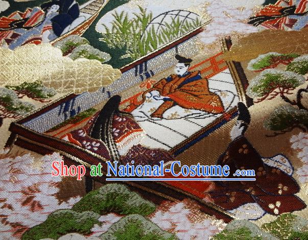 Asian Traditional Classical Genji Palace Pattern Golden Tapestry Satin Nishijin Brocade Fabric Japanese Kimono Silk Material