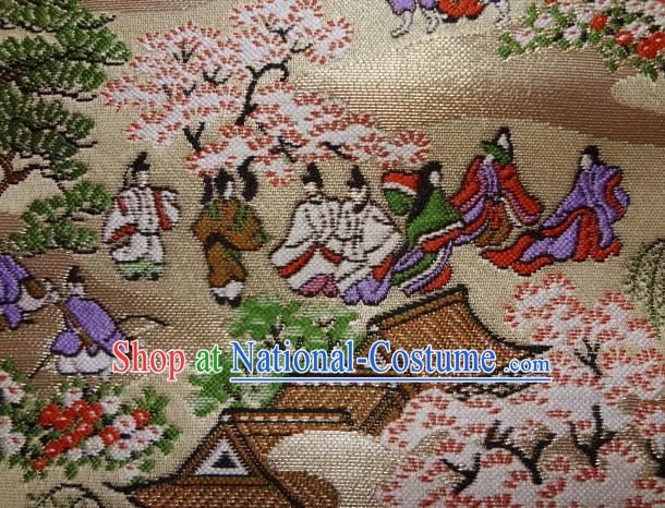 Asian Traditional Classical Genji Character Pattern Golden Tapestry Satin Nishijin Brocade Fabric Japanese Kimono Silk Material