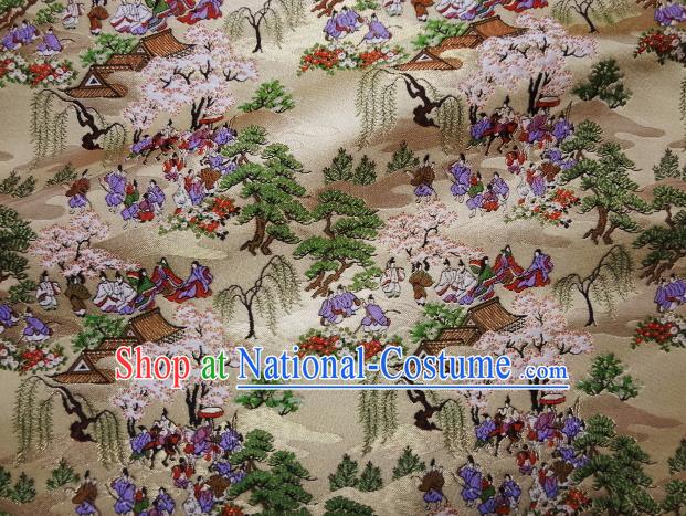 Asian Traditional Classical Genji Character Pattern Golden Tapestry Satin Nishijin Brocade Fabric Japanese Kimono Silk Material