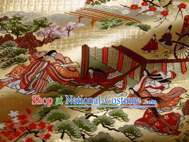 Asian Traditional Classical Genji Beauty Pattern Golden Tapestry Satin Nishijin Brocade Fabric Japanese Kimono Silk Material