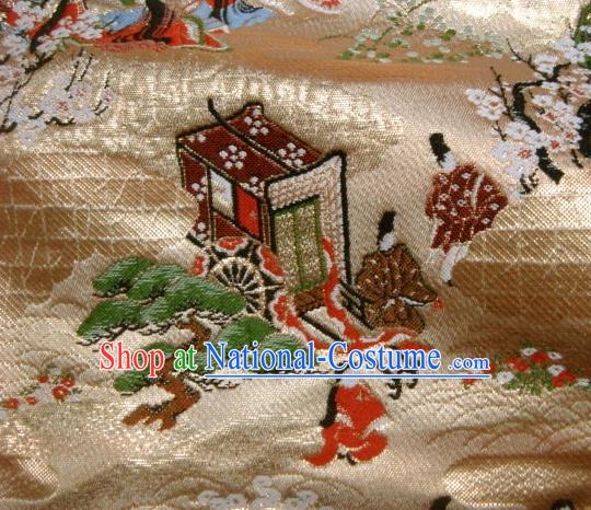 Asian Traditional Classical Genji Sakura Pattern Golden Tapestry Satin Nishijin Brocade Fabric Japanese Kimono Silk Material