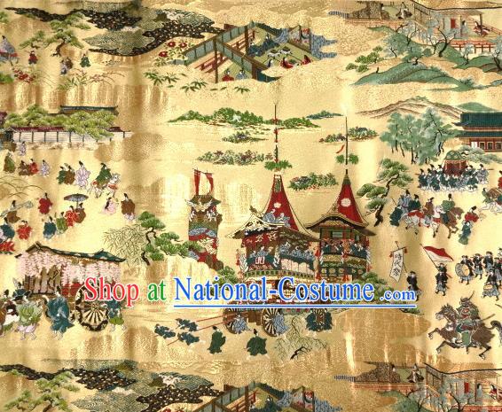 Asian Traditional Classical Kyoto View Pattern Golden Tapestry Satin Nishijin Brocade Fabric Japanese Kimono Silk Material