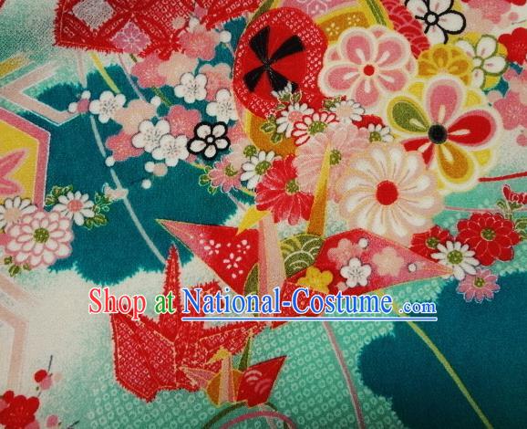 Asian Traditional Classical Paper Crane Pattern Blue Tapestry Satin Nishijin Brocade Fabric Japanese Kimono Silk Material