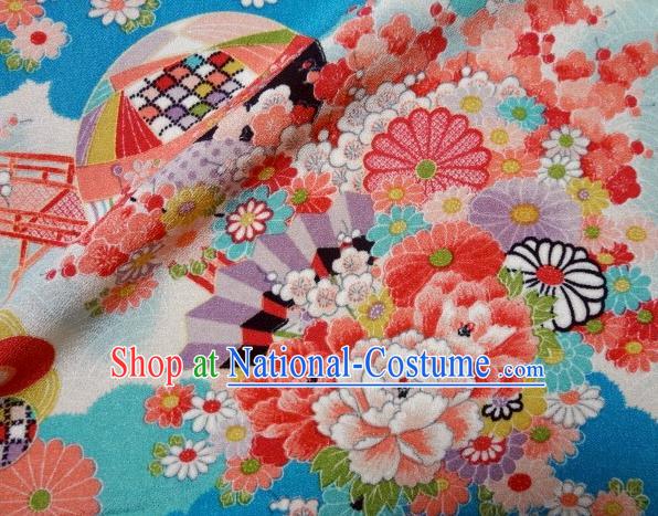 Asian Traditional Classical Peony Daisy Pattern Blue Tapestry Satin Nishijin Brocade Fabric Japanese Kimono Silk Material