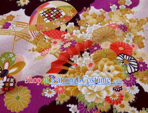 Asian Traditional Classical Peony Daisy Pattern Purple Tapestry Satin Nishijin Brocade Fabric Japanese Kimono Silk Material