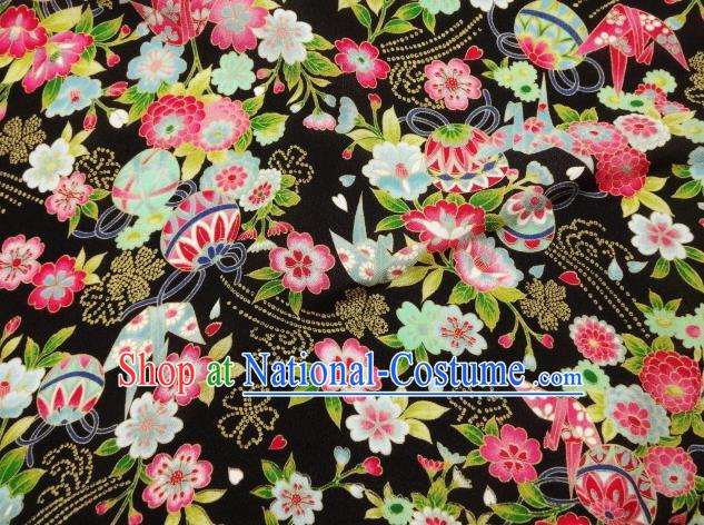 Asian Traditional Classical Bell Flowers Pattern Black Tapestry Satin Nishijin Brocade Fabric Japanese Kimono Silk Material