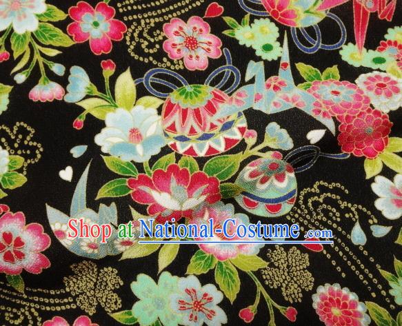 Asian Traditional Classical Bell Flowers Pattern Black Tapestry Satin Nishijin Brocade Fabric Japanese Kimono Silk Material