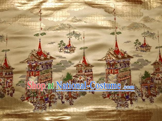 Asian Traditional Classical Palace Pattern Golden Tapestry Satin Nishijin Brocade Fabric Japanese Kimono Silk Material