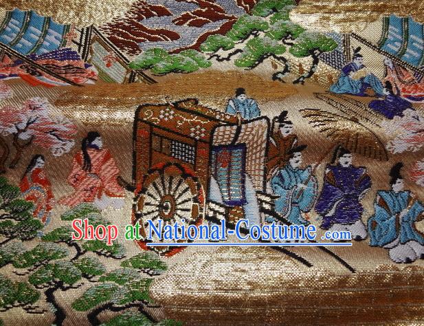 Asian Traditional Classical Genji Monogatari Pattern Golden Tapestry Satin Nishijin Brocade Fabric Japanese Kimono Silk Material