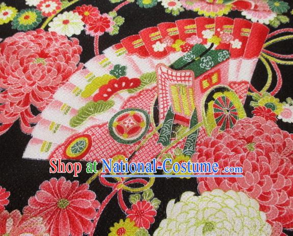 Asian Traditional Classical Chrysanthemum Fan Pattern Black Tapestry Satin Brocade Fabric Japanese Kimono Silk Material