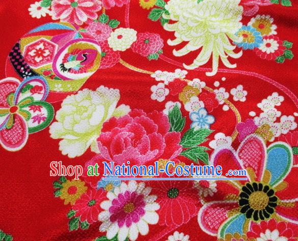 Asian Traditional Classical Chrysanthemum Fan Pattern Red Tapestry Satin Brocade Fabric Japanese Kimono Silk Material