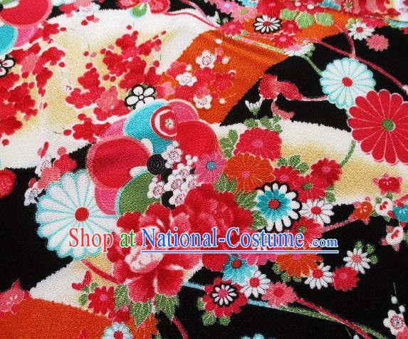 Asian Traditional Classical Peony Pattern Black Tapestry Satin Brocade Fabric Japanese Kimono Silk Material