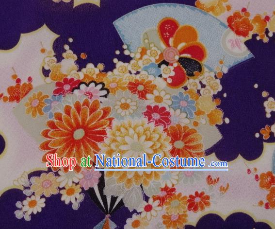 Asian Traditional Classical Flowers Fan Pattern Purple Tapestry Satin Brocade Fabric Japanese Kimono Silk Material