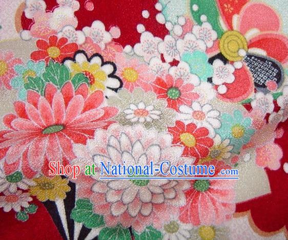 Asian Traditional Classical Flowers Fan Pattern Red Tapestry Satin Brocade Fabric Japanese Kimono Silk Material