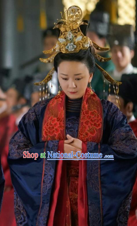 Chinese Drama The Story Of MingLan Ancient Song Dynasty Imperial Mandate Dowager Embroidered Historical Costume and Headpiece Complete Set