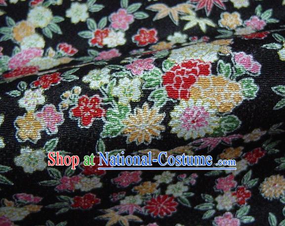 Asian Traditional Classical Daisy Pattern Black Brocade Tapestry Satin Fabric Japanese Kimono Silk Material