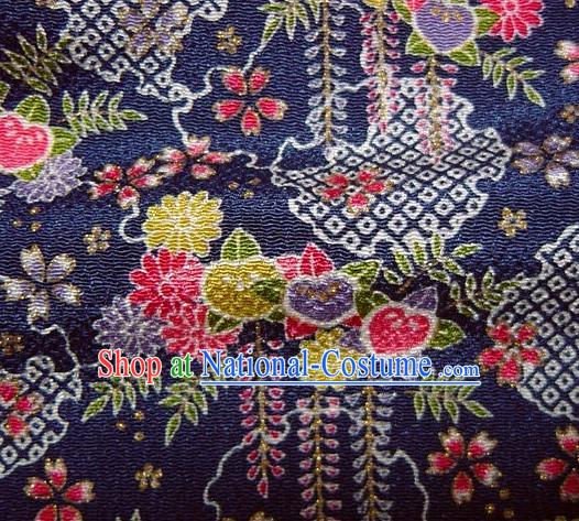 Asian Traditional Classical Chrysanthemum Pattern Navy Brocade Tapestry Satin Fabric Japanese Kimono Silk Material