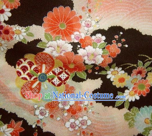 Asian Traditional Classical Peony Pattern Black Brocade Tapestry Satin Fabric Japanese Kimono Silk Material