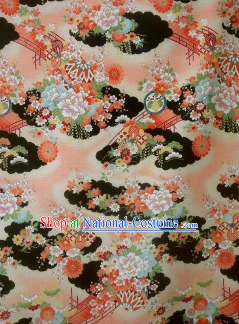 Asian Traditional Classical Peony Pattern Black Brocade Tapestry Satin Fabric Japanese Kimono Silk Material