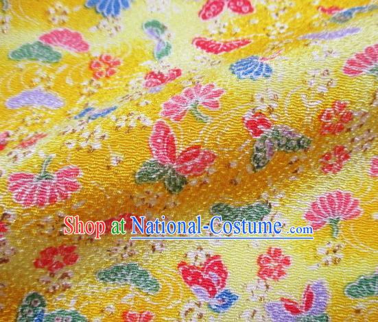 Asian Traditional Classical Butterfly Pattern Yellow Brocade Tapestry Satin Fabric Japanese Kimono Silk Material