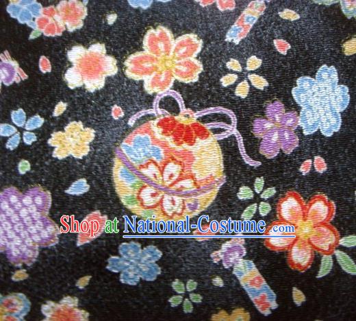 Asian Traditional Kimono Classical Sakura Bells Pattern Black Brocade Tapestry Satin Fabric Japanese Silk Material