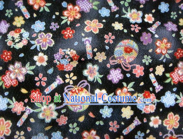 Asian Traditional Kimono Classical Sakura Bells Pattern Black Brocade Tapestry Satin Fabric Japanese Silk Material