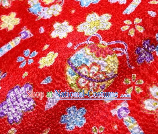 Asian Traditional Kimono Classical Sakura Bells Pattern Red Brocade Tapestry Satin Fabric Japanese Silk Material