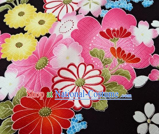 Asian Traditional Kimono Classical Flowers Pattern Black Brocade Tapestry Satin Fabric Japanese Silk Material