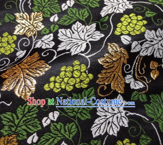 Asian Traditional Kimono Classical Grape Vine Pattern Black Nishijin Brocade Tapestry Satin Fabric Japanese Silk Material