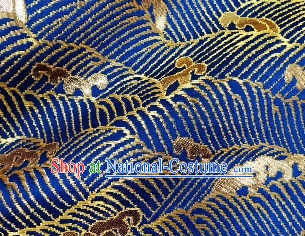 Asian Traditional Kimono Classical Wave Pattern Blue Nishijin Brocade Tapestry Satin Fabric Japanese Silk Material