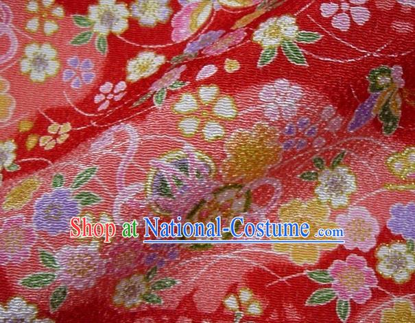 Asian Traditional Classical Butterfly Sakura Pattern Red Brocade Tapestry Satin Fabric Japanese Kimono Silk Material